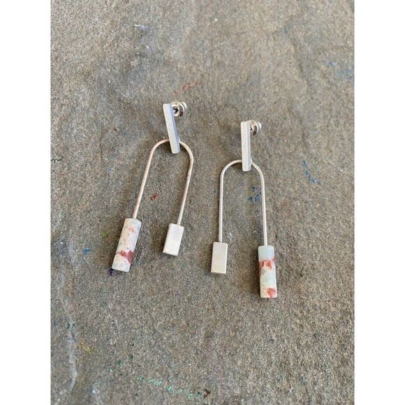 Artisan Earrings Agate Silver Plate U Shape Dangle Stone Block Art - Picture 1 of 6